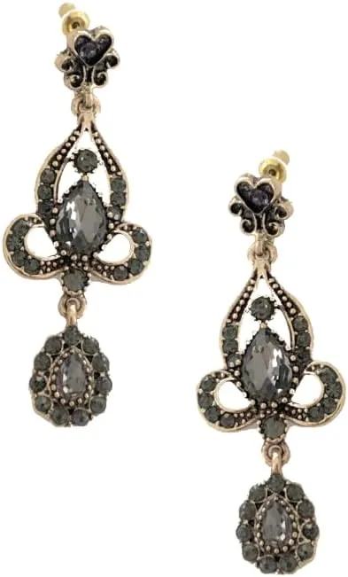 LONG Dangle Antique Art Deco Vintage Victorian Edwardian Flapper Gatsby Style Grey Smokey Quartz Slate Rhinestone Chandelier Earrings