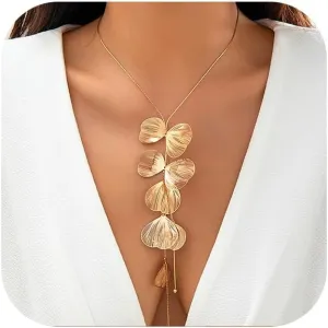 Long Flower Leaf Statement Y Necklace for Women, Dainty Ginkgo Leaf Choker Necklace Bohemian Style Large Plant Leaves Necklace Beach Vacation Jewelry Present