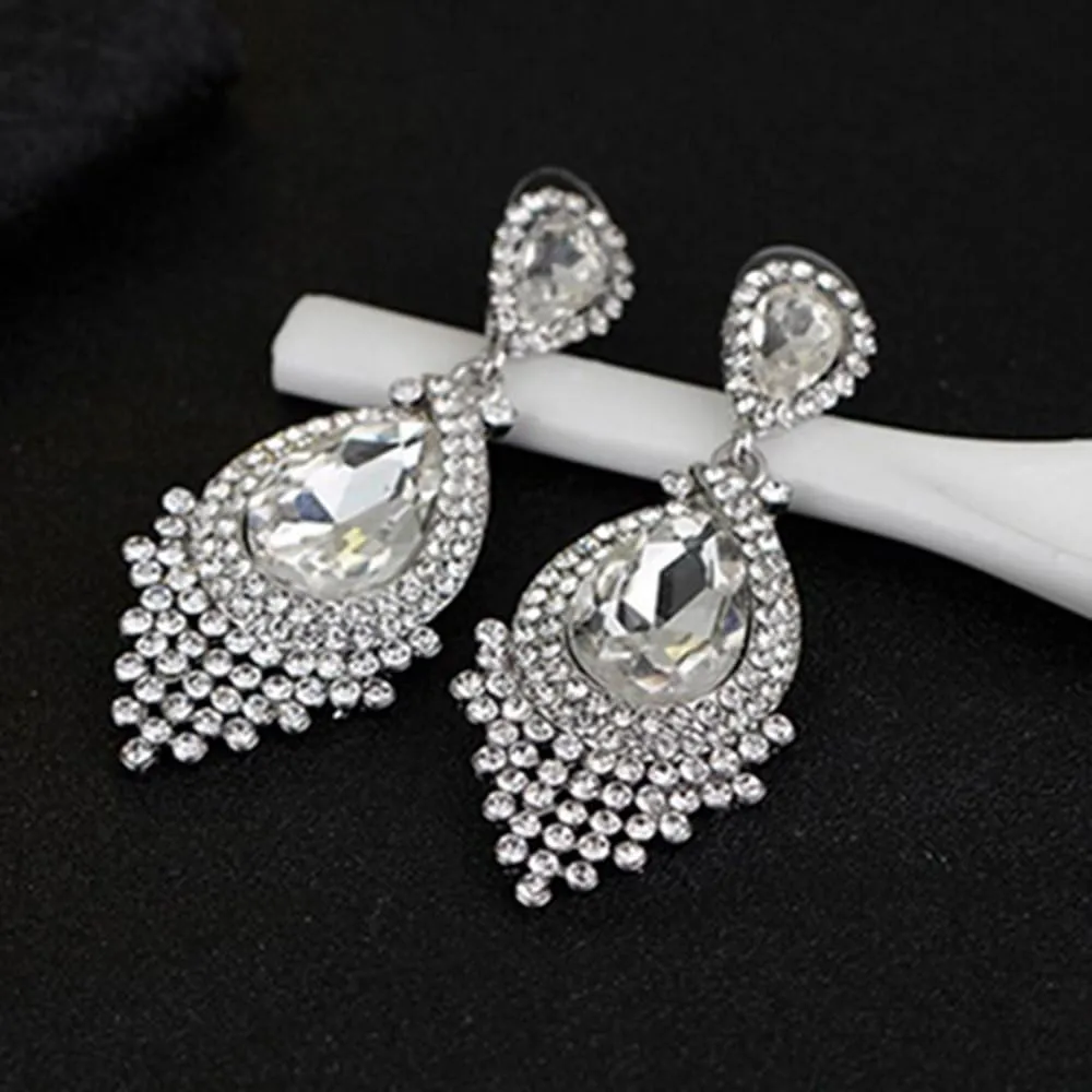 Long Full Rhinestone Teardrop Crystal Dangle Chandelier Drop Earrings Fashion Jewelry