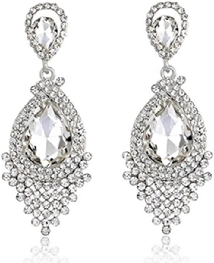Long Full Rhinestone Teardrop Crystal Dangle Chandelier Drop Earrings Fashion Jewelry