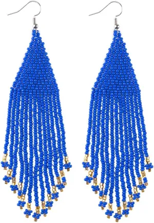 Long Native Beaded Earrings, Big Boho Seed Bead Fringe Dangle Earrings for Women, Large Bohemian Handmade Beaded Tassel Chandelier Drop Earrings