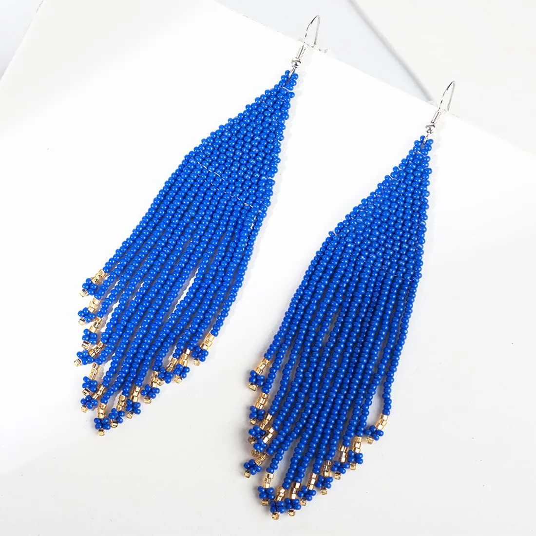 Long Native Beaded Earrings, Big Boho Seed Bead Fringe Dangle Earrings for Women, Large Bohemian Handmade Beaded Tassel Chandelier Drop Earrings