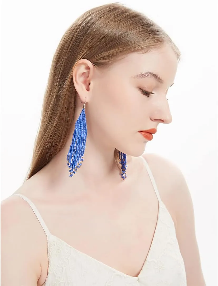 Long Native Beaded Earrings, Big Boho Seed Bead Fringe Dangle Earrings for Women, Large Bohemian Handmade Beaded Tassel Chandelier Drop Earrings