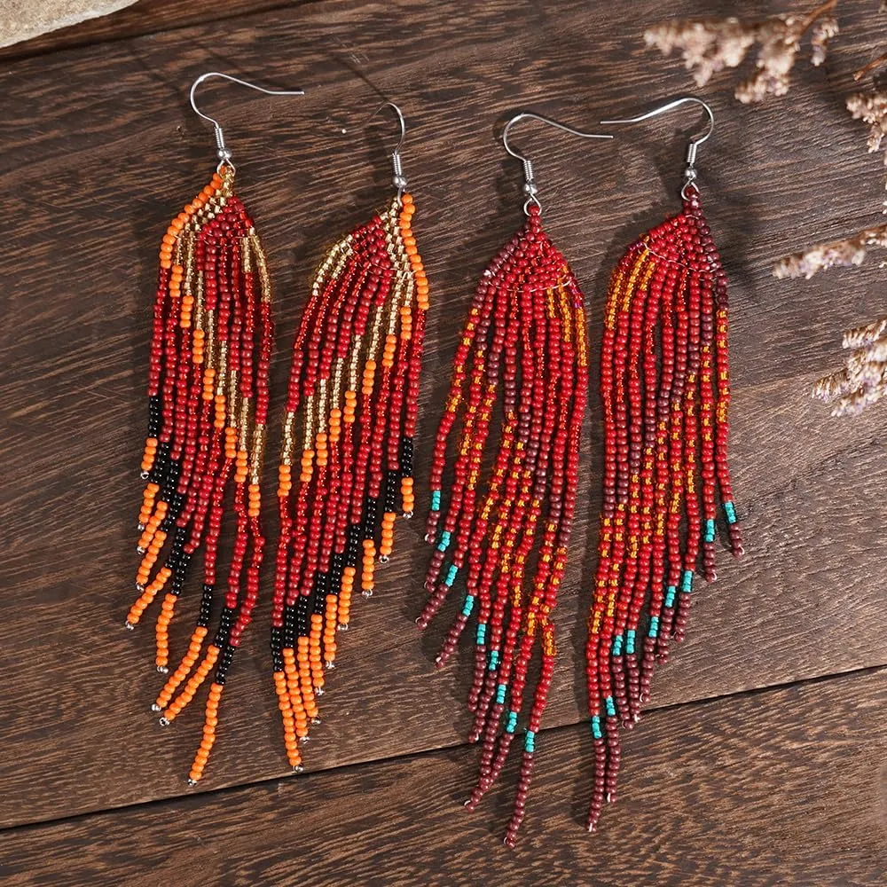 Long Tassel Bead Earrings for Women,Boho Trendy Colorful Seed Beads Prom Jewelry Friendship Gift.