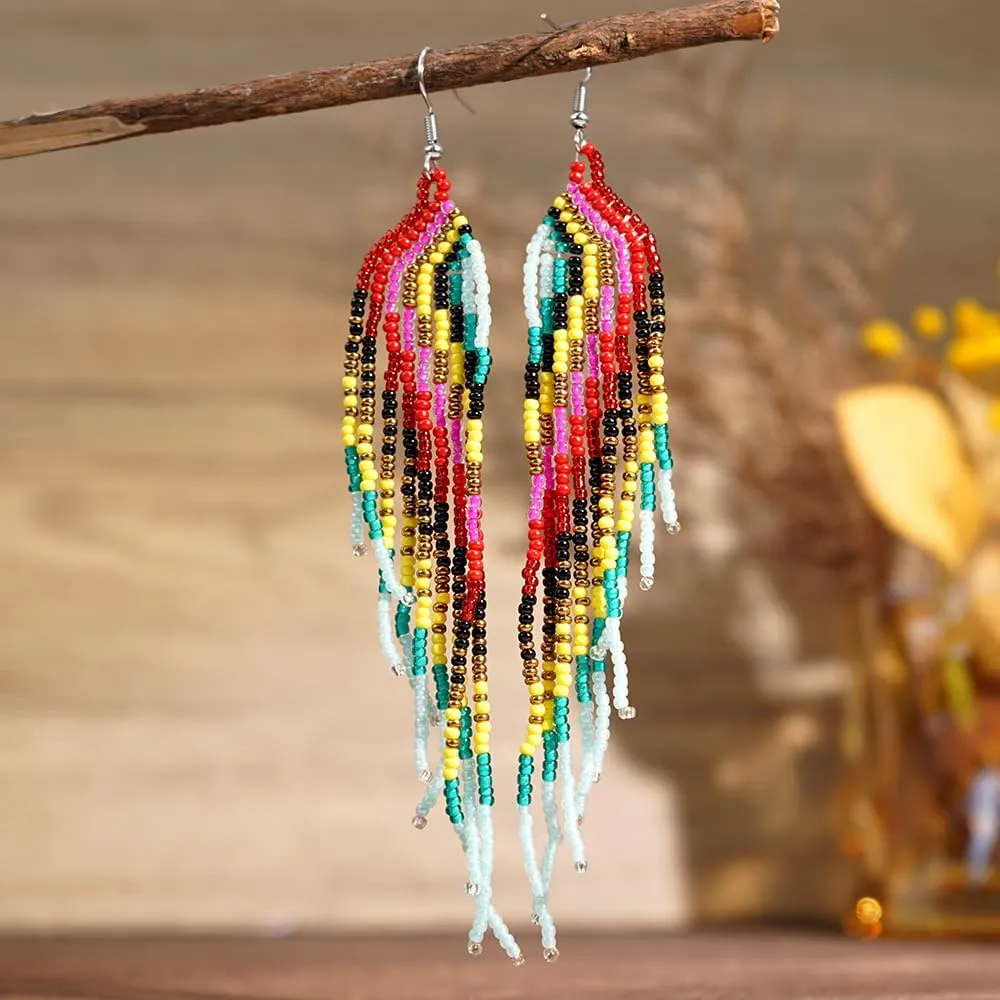 Long Tassel Bead Earrings for Women,Boho Trendy Colorful Seed Beads Prom Jewelry Friendship Gift.
