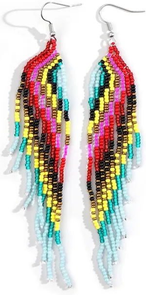 Long Tassel Bead Earrings for Women,Boho Trendy Colorful Seed Beads Prom Jewelry Friendship Gift.