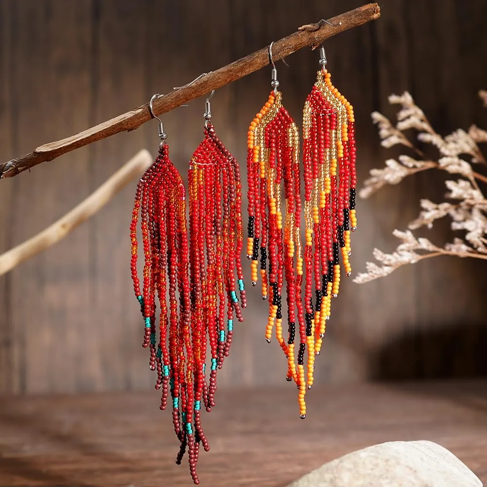 Long Tassel Bead Earrings for Women,Boho Trendy Colorful Seed Beads Prom Jewelry Friendship Gift.