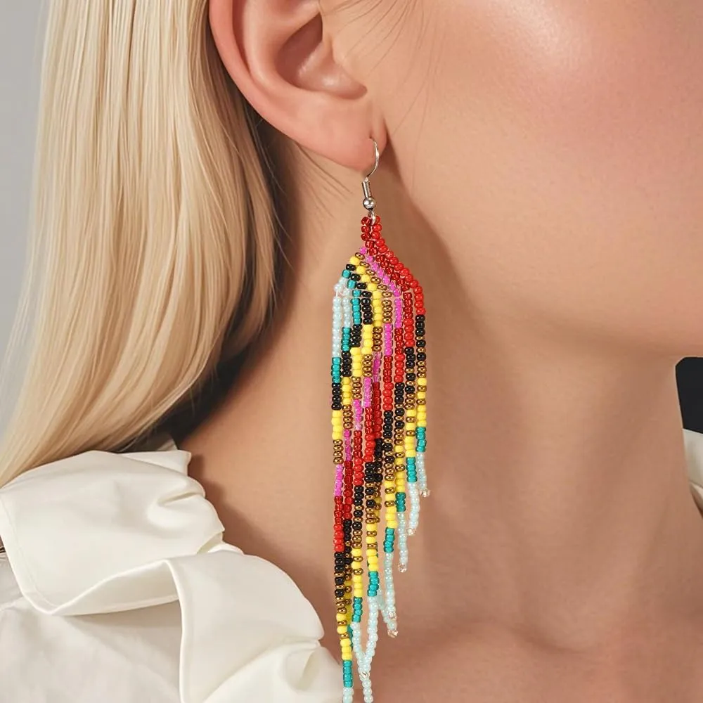 Long Tassel Bead Earrings for Women,Boho Trendy Colorful Seed Beads Prom Jewelry Friendship Gift.