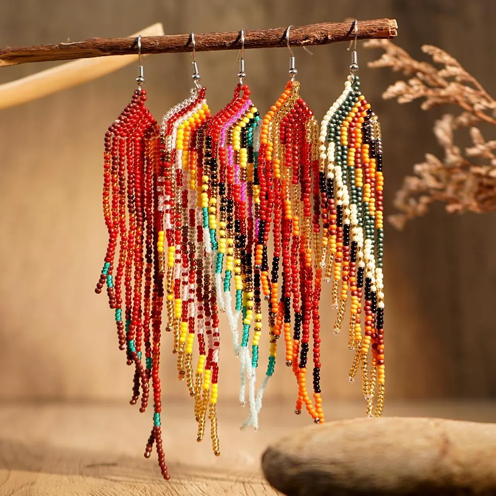 Long Tassel Bead Earrings for Women,Boho Trendy Colorful Seed Beads Prom Jewelry Friendship Gift.
