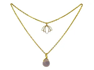Lotus Pendant Layered Necklace With Teardrop Rose Quartz Gemstone Crystal Boho Bohemian Handmade Jewelry Spiritual Gift for Her Gold Plated Chain