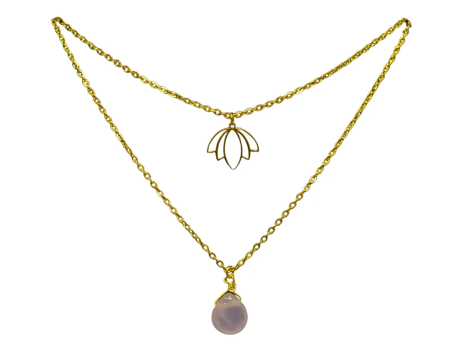 Lotus Pendant Layered Necklace With Teardrop Rose Quartz Gemstone Crystal Boho Bohemian Handmade Jewelry Spiritual Gift for Her Gold Plated Chain