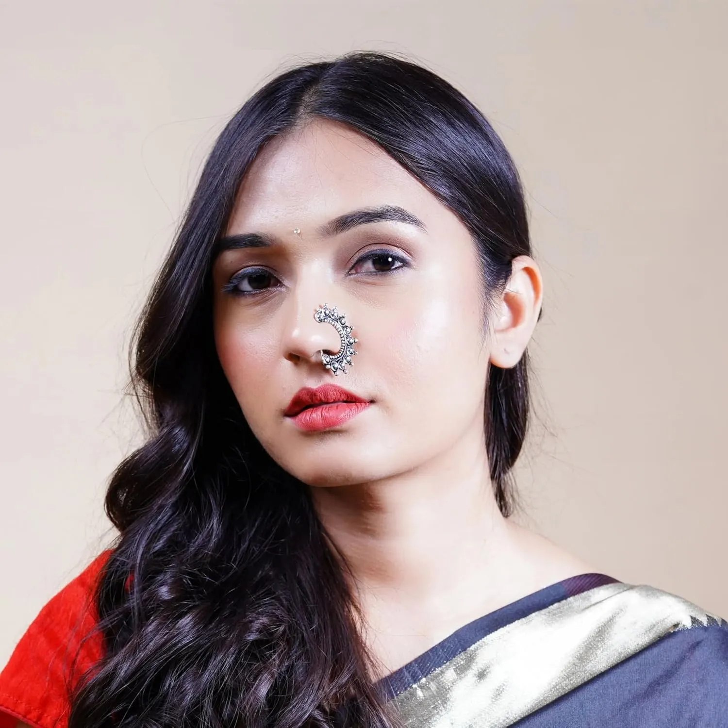 LoveNspire Indian Marathi Nath for Women Marathi Zodiac Nath Oxidized Nose Ring Indian Jewelry Nose Ring Clip-On Marathi Bridal Nathani Faux Pearl Non-Piercing Jewelry for Women Birthday Gift For Her