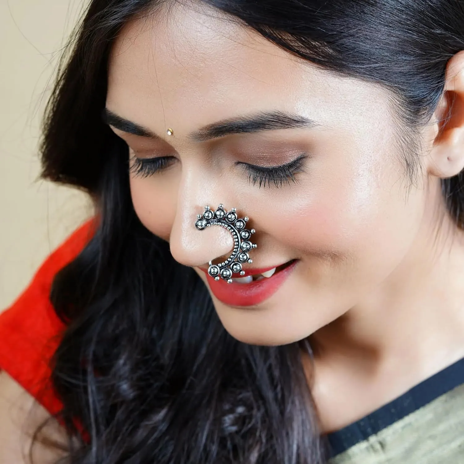LoveNspire Indian Marathi Nath for Women Marathi Zodiac Nath Oxidized Nose Ring Indian Jewelry Nose Ring Clip-On Marathi Bridal Nathani Faux Pearl Non-Piercing Jewelry for Women Birthday Gift For Her