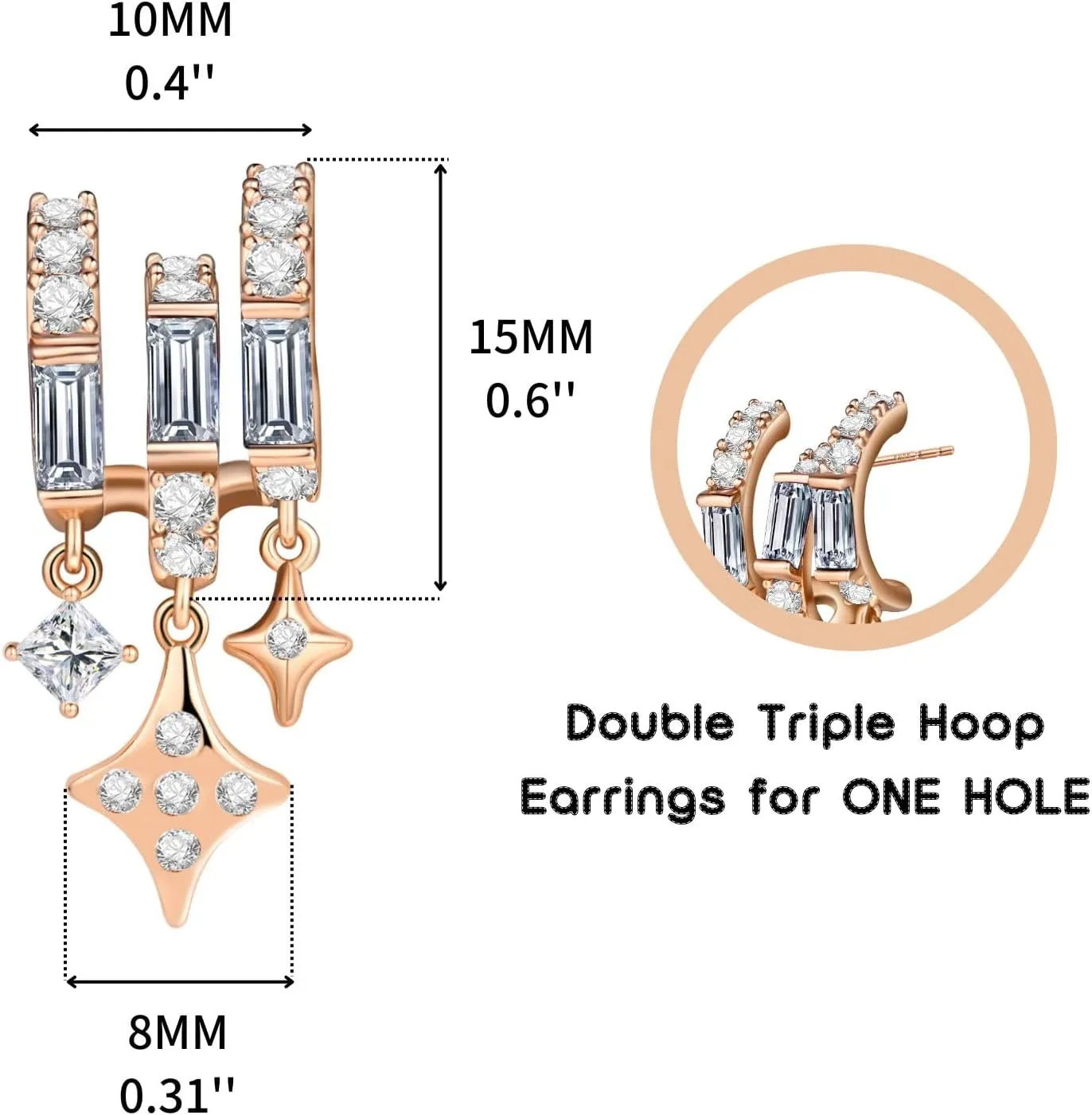 LUCA SMITH Double Triple Hoop Earrings 14K Gold Plated CZ Illusion Split Hoop Earrings for ONE HOLE with S925 Sterling Silver Post