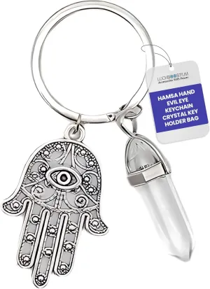 LUCKBOOSTIUM Hamsa Hand Evil Eye Keychain Charm Crystal Key Holder Bag Ring Decoration Protection Amulet w/Gemstone (1.5x3)