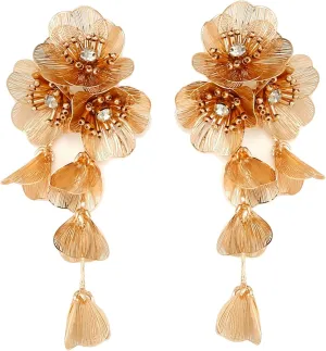 LUREME Big Golden Layered Floral Statement Necklace,Flower Dangle Earrings Boho Layered Floral Petal Drop Earrings for Women(st000802)