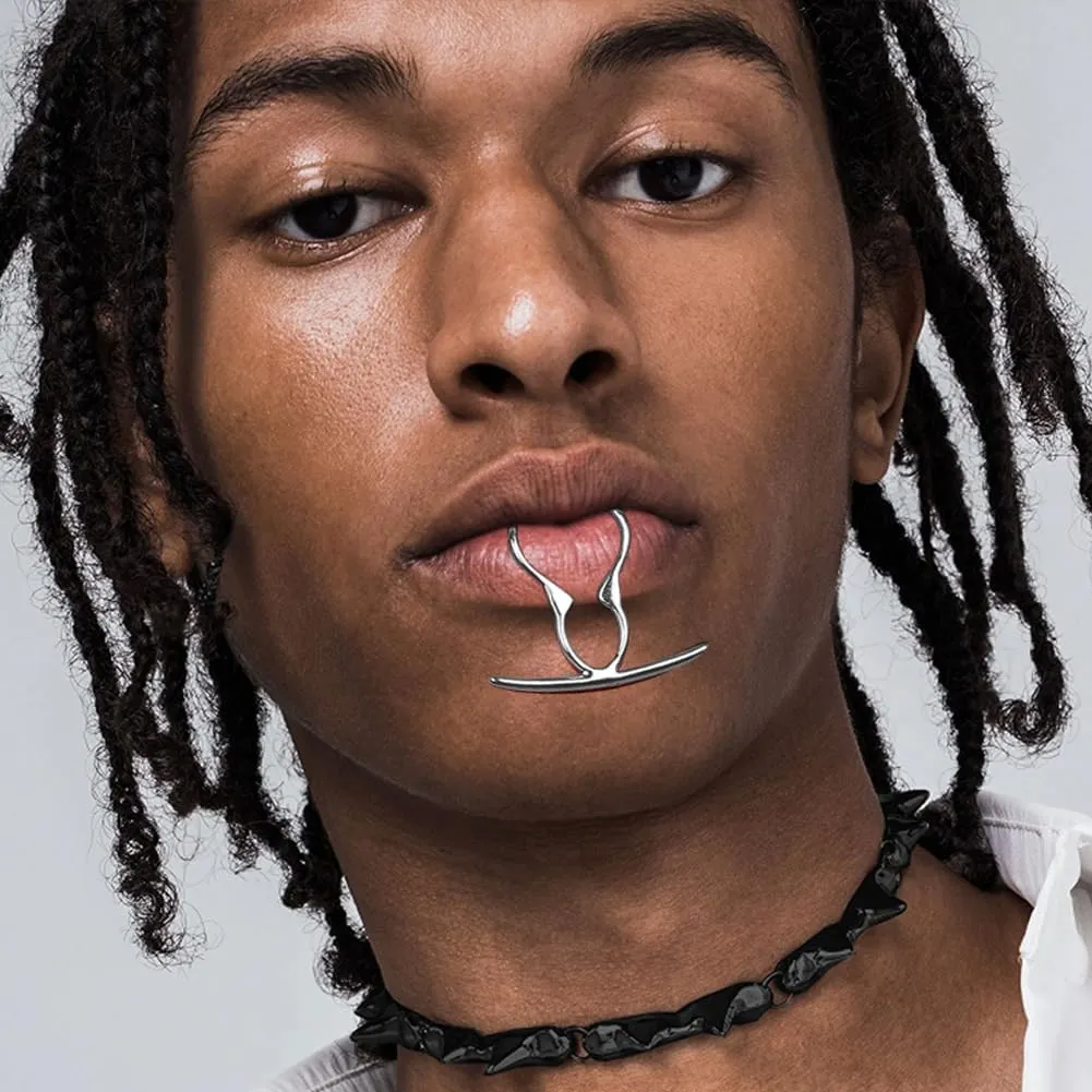 L'VOW Cyberpunk Liquid Silver Futuristic Luxury Irregular Non-Piercing Wrap Lip Cuff Jewelry Cyborg Face Accessories
