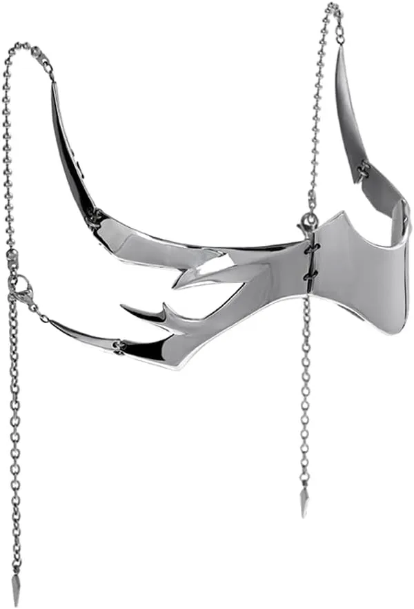 L'VOW Unisex Cyber Punk Liquid Silver Steel Half Mask Y2K Luxury Irregular Jewelry Face Chain Cyborg Earring Accessories