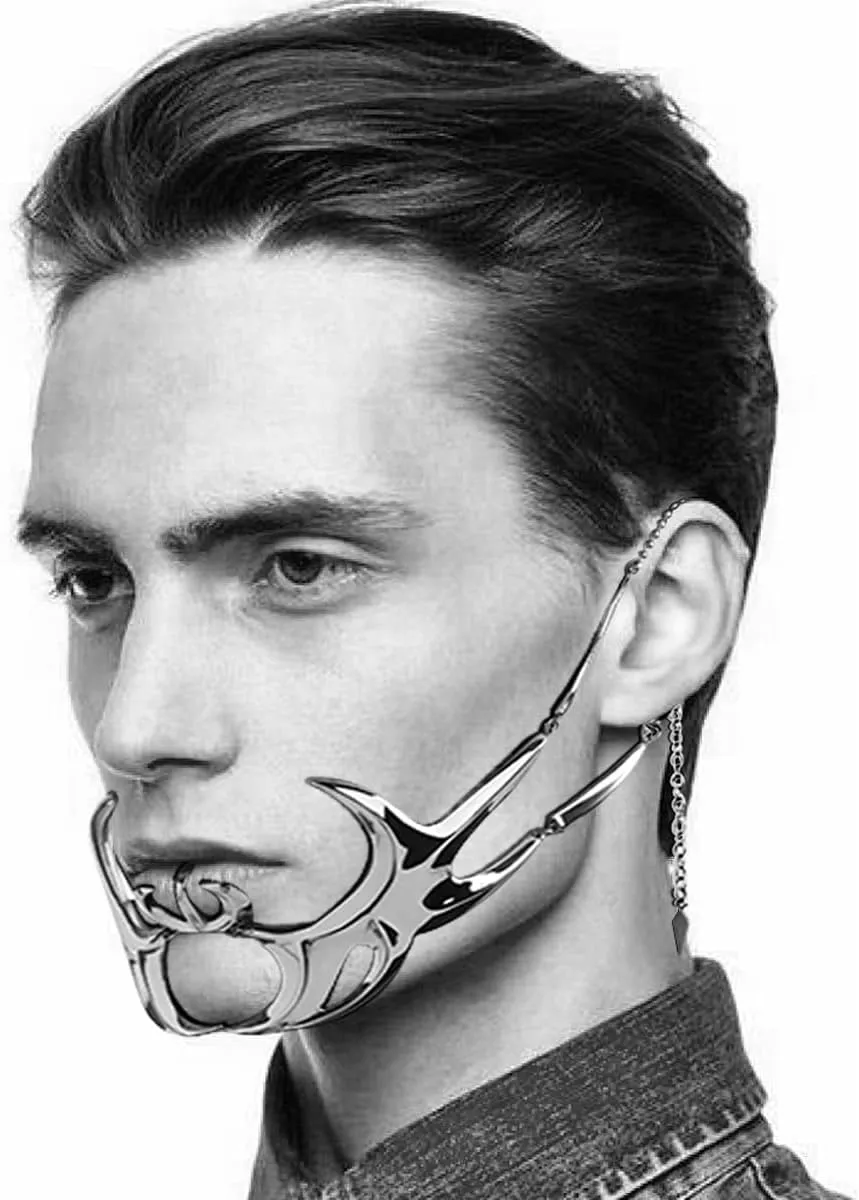 L'VOW Unisex Cyber Punk Liquid Silver Steel Half Mask Y2K Luxury Irregular Jewelry Face Chain Cyborg Earring Accessories