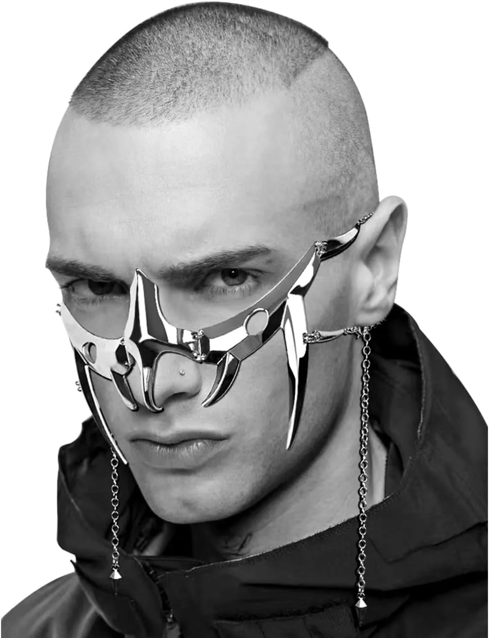 L'VOW Unisex Cyber Punk Liquid Silver Steel Half Mask Y2K Luxury Irregular Jewelry Face Chain Cyborg Earring Accessories