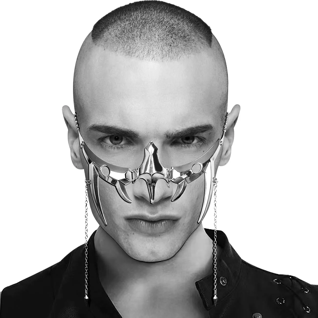 L'VOW Unisex Cyber Punk Liquid Silver Steel Half Mask Y2K Luxury Irregular Jewelry Face Chain Cyborg Earring Accessories