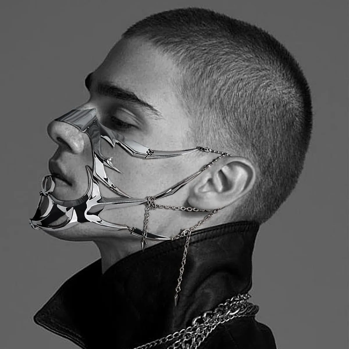 L'VOW Unisex Cyber Punk Liquid Silver Steel Half Mask Y2K Luxury Irregular Jewelry Face Chain Cyborg Earring Accessories
