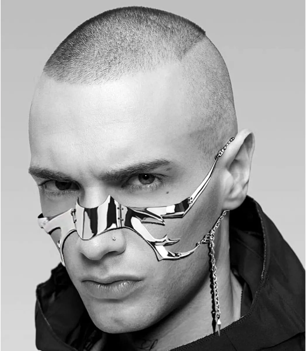 L'VOW Unisex Cyber Punk Liquid Silver Steel Half Mask Y2K Luxury Irregular Jewelry Face Chain Cyborg Earring Accessories