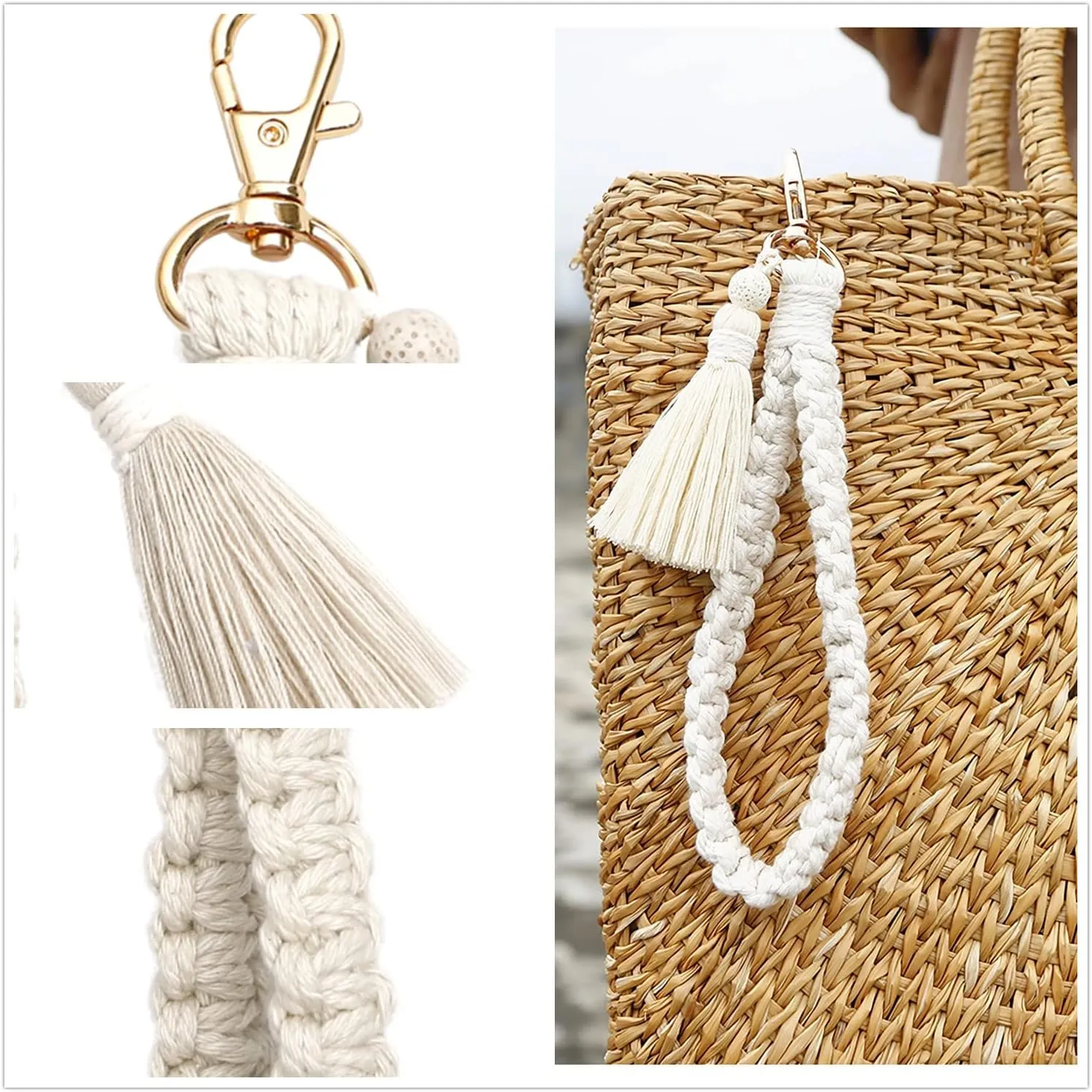 Macrame Boho Keychain Bracelet Handmade Tassel Wristlet Keychain Keyring Holder Wrist Lanyard for Women
