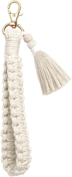 Macrame Boho Keychain Bracelet Handmade Tassel Wristlet Keychain Keyring Holder Wrist Lanyard for Women