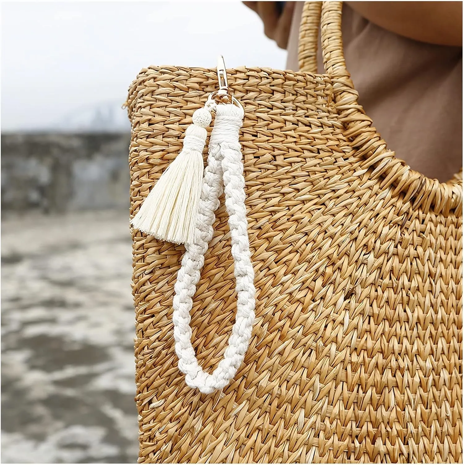 Macrame Boho Keychain Bracelet Handmade Tassel Wristlet Keychain Keyring Holder Wrist Lanyard for Women