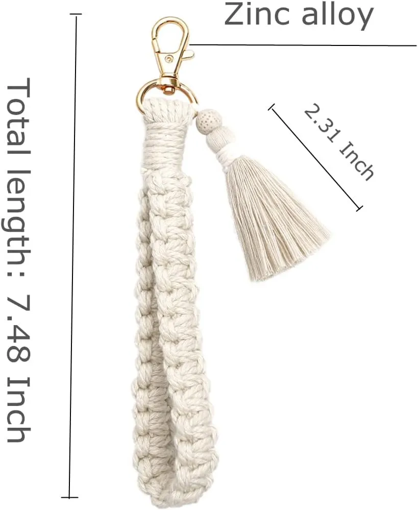 Macrame Boho Keychain Bracelet Handmade Tassel Wristlet Keychain Keyring Holder Wrist Lanyard for Women