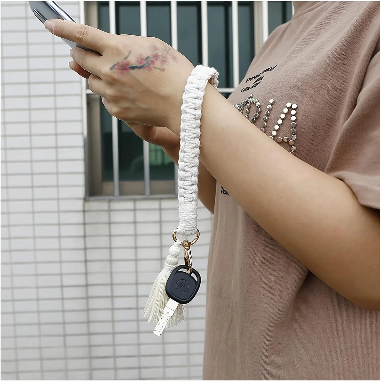 Macrame Boho Keychain Bracelet Handmade Tassel Wristlet Keychain Keyring Holder Wrist Lanyard for Women