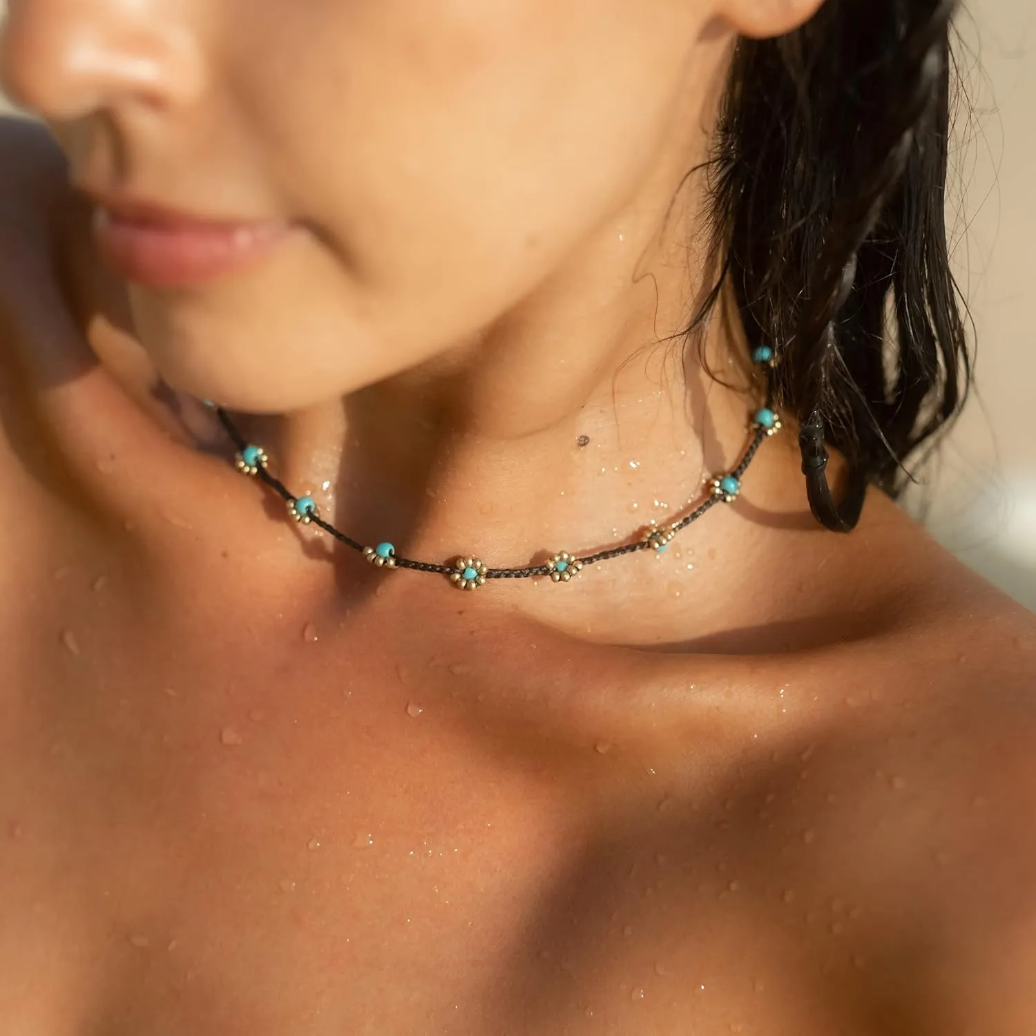 Made by Nami Surfer Necklace with Beads  Boho Choker Necklace Chain  Women & Girls  Handmade Beach Summer Jewelry  Goa Hippie Oriental Necklace  Adjustable & Waterproof (Turquoise Beads)