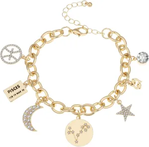 Madison Tyler Personalization Collection Gold Plated Zodiac Constellation Symbol | Name Plate | Moon | Constellation | Star | Stone Charms | Chain Bracelet for Women