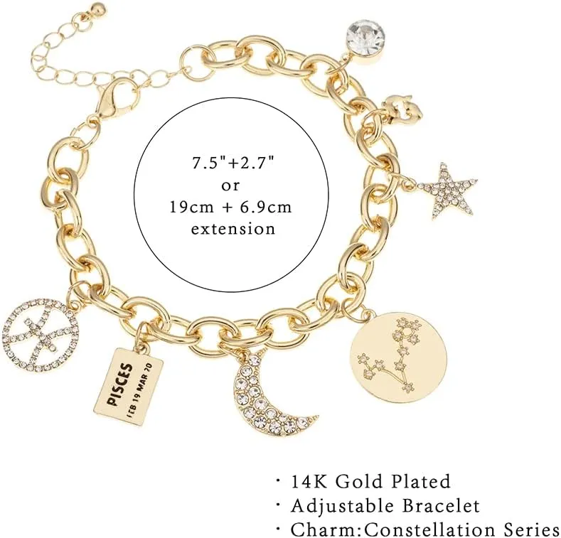 Madison Tyler Personalization Collection Gold Plated Zodiac Constellation Symbol | Name Plate | Moon | Constellation | Star | Stone Charms | Chain Bracelet for Women