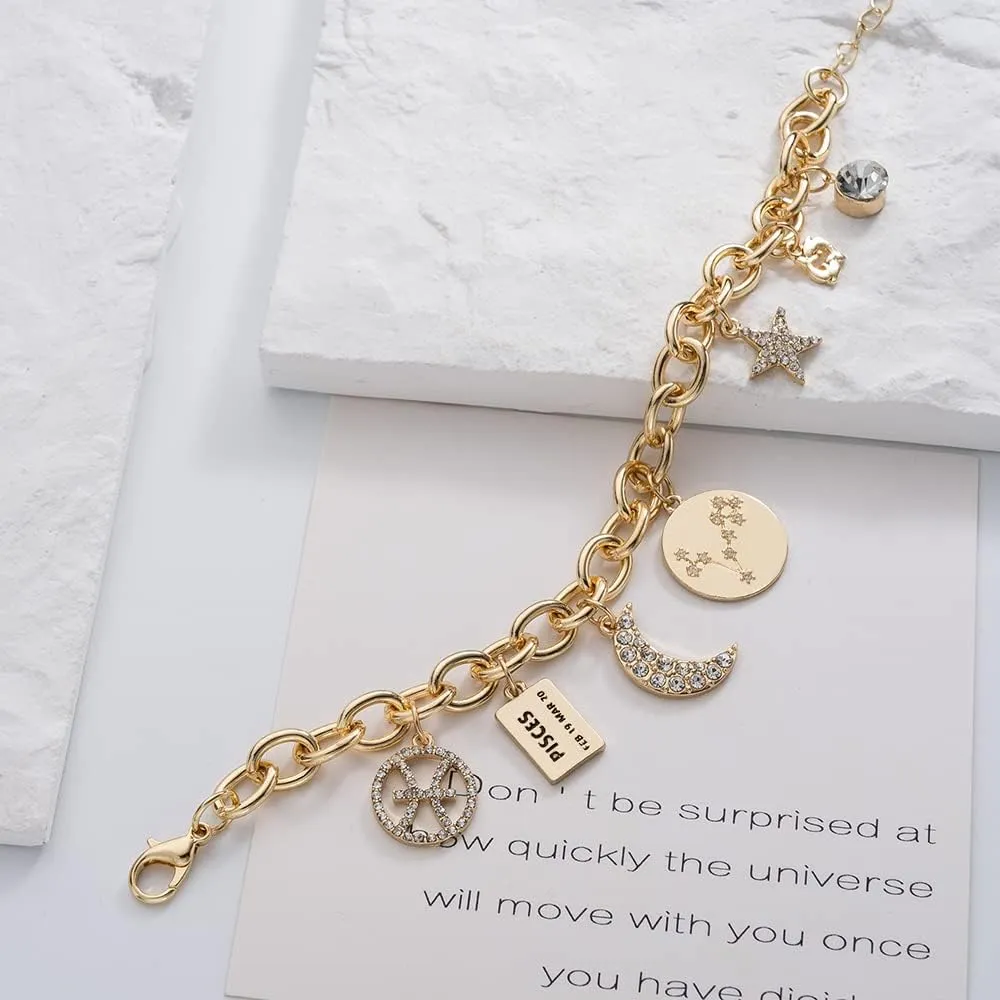 Madison Tyler Personalization Collection Gold Plated Zodiac Constellation Symbol | Name Plate | Moon | Constellation | Star | Stone Charms | Chain Bracelet for Women