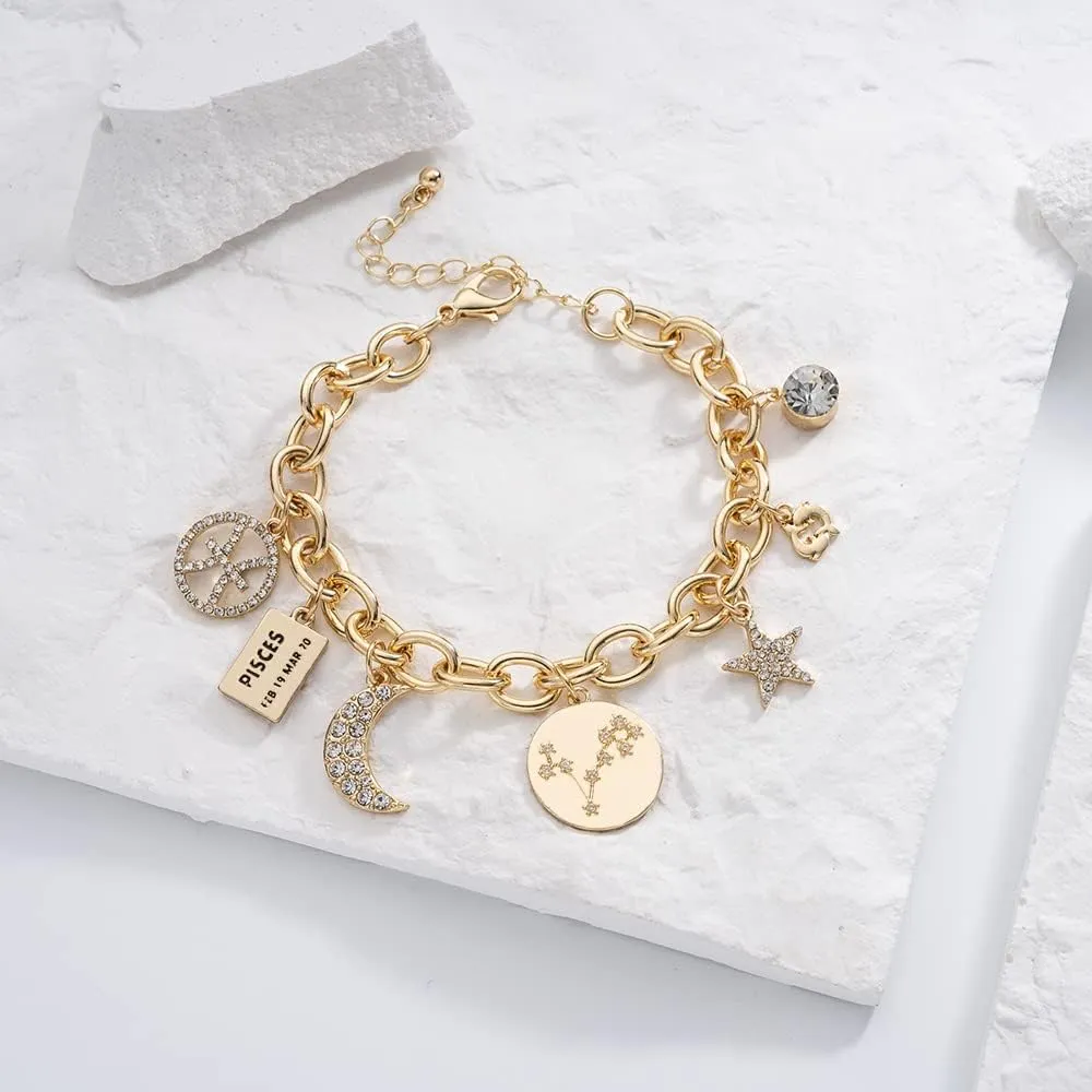Madison Tyler Personalization Collection Gold Plated Zodiac Constellation Symbol | Name Plate | Moon | Constellation | Star | Stone Charms | Chain Bracelet for Women