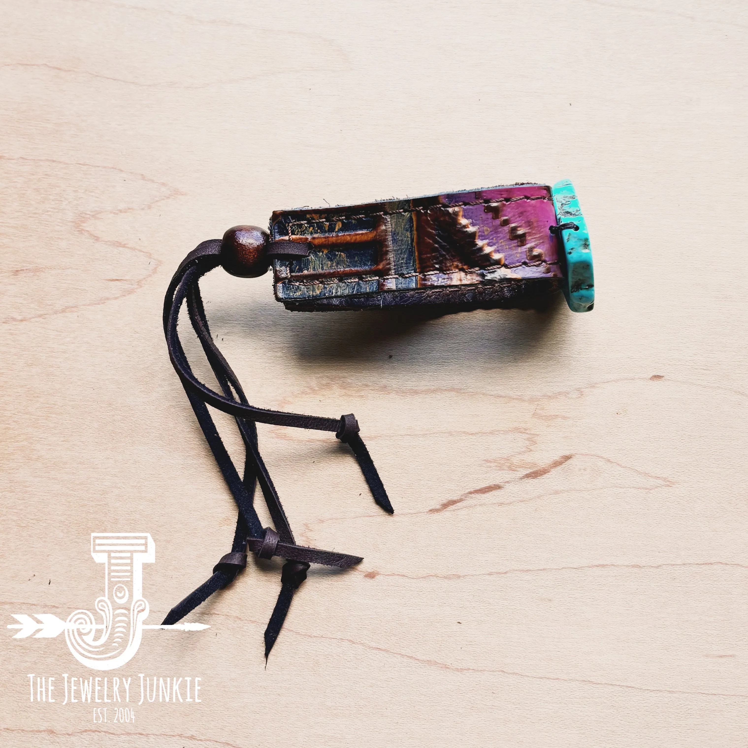 **Magenta Navajo Narrow Leather Cuff w/ Turquoise Slab 009c