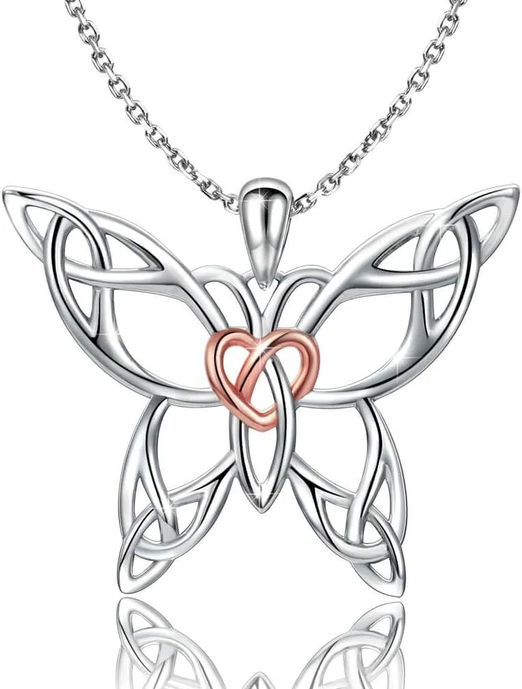 MANBU Sterling Silver Celtic Butterfly Necklace Earrings: Women Butterfly Pendant Necklace Earrings Celtic Christmas Jewelry Gifts for Butterfly Lovers