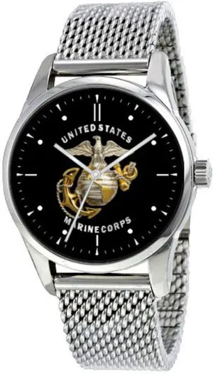 Marines Emblem Watch with Large Polished Chrome Case and Adjustable Stainless Steel Mesh Band