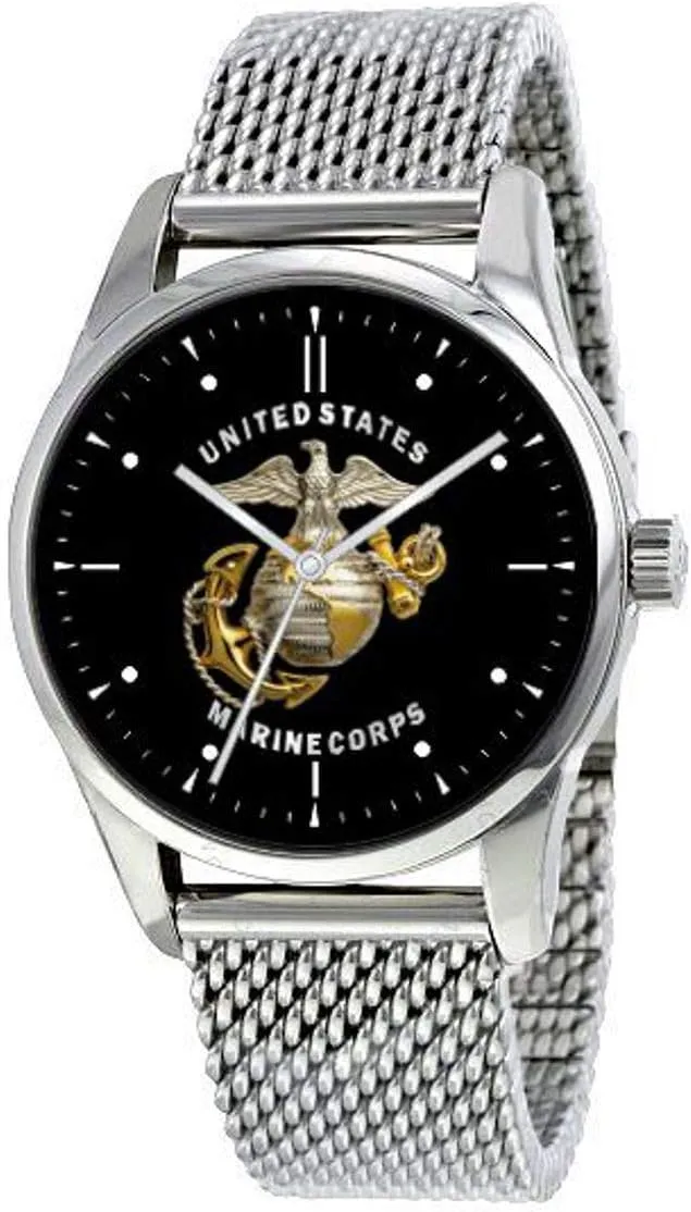 Marines Emblem Watch with Large Polished Chrome Case and Adjustable Stainless Steel Mesh Band