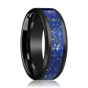MARLOW | Black Ceramic Ring, Blue Lapis Lazuli Inlay, Beveled