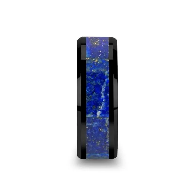 MARLOW | Black Ceramic Ring, Blue Lapis Lazuli Inlay, Beveled