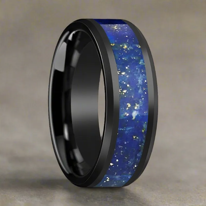 MARLOW | Black Ceramic Ring, Blue Lapis Lazuli Inlay, Beveled
