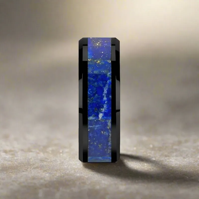 MARLOW | Black Ceramic Ring, Blue Lapis Lazuli Inlay, Beveled