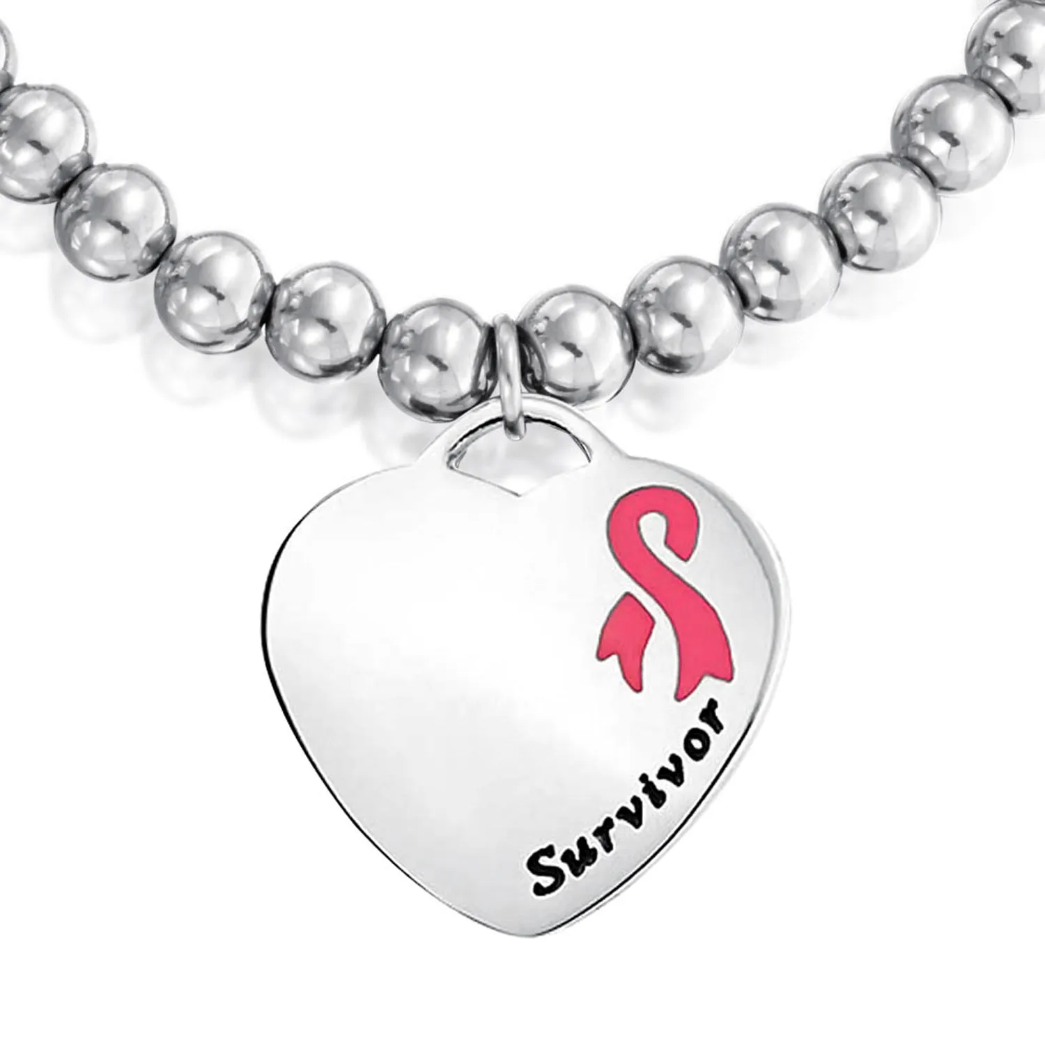 Medical ID Bracelet Pink Ribbon Cancer Survivor with Heart Charm Tag