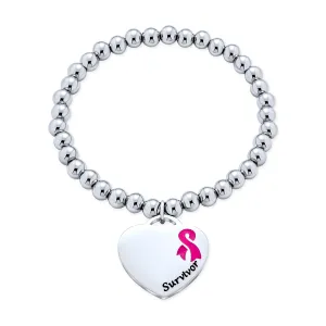 Medical ID Bracelet Pink Ribbon Cancer Survivor with Heart Charm Tag