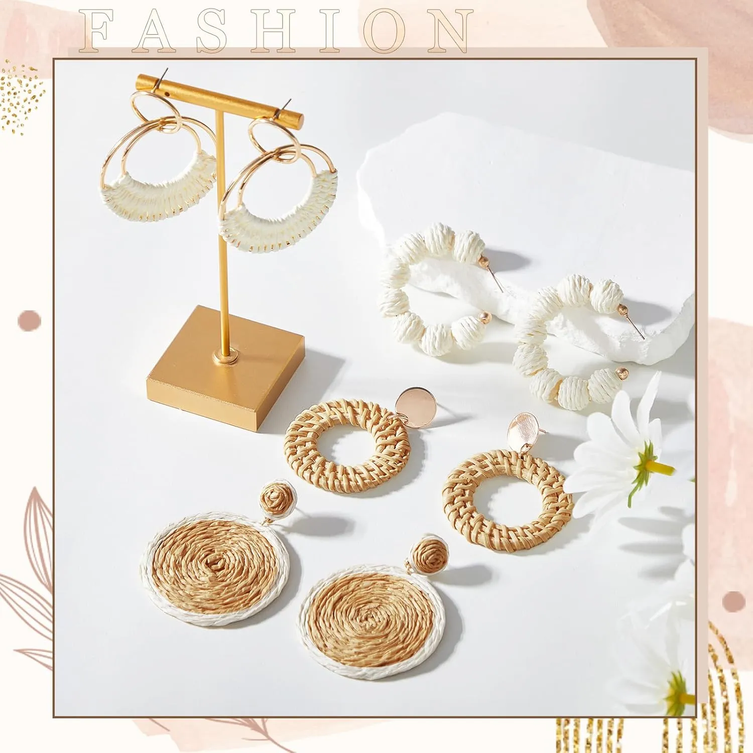 meekoo 4 Pairs Rattan Earrings for Women Beach Essentials Tassel Dangle Boho Straw Earrings