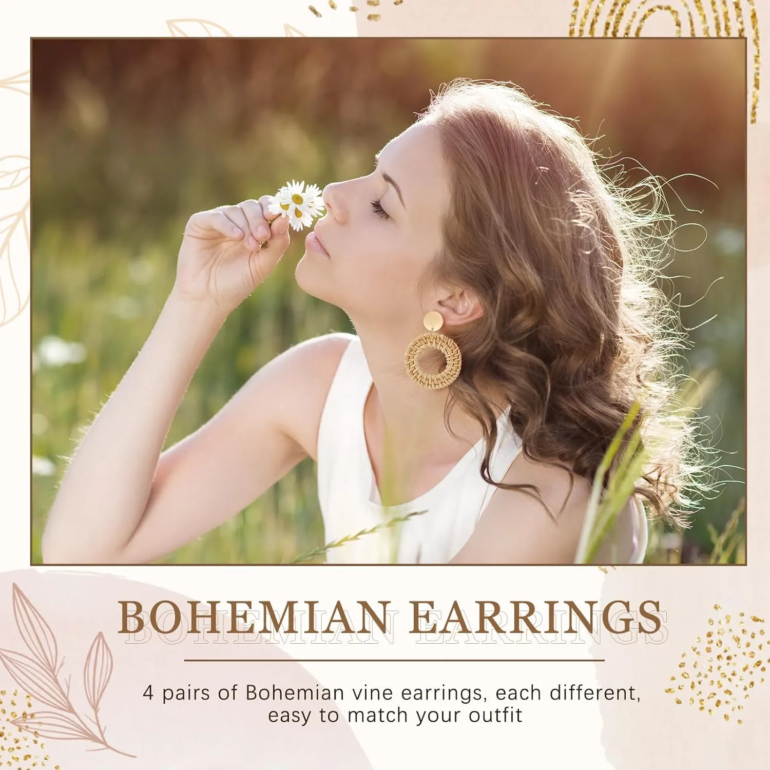 meekoo 4 Pairs Rattan Earrings for Women Beach Essentials Tassel Dangle Boho Straw Earrings