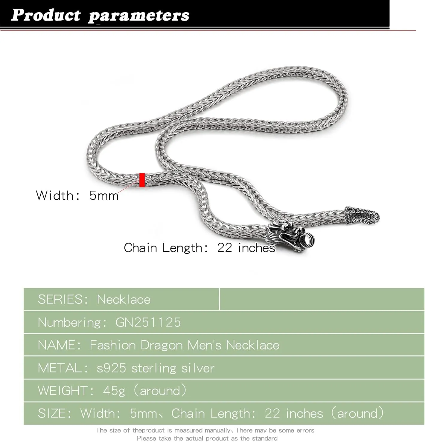 Men 925 Sterling Silver Dragon Necklace Vintage 5MM 20 "22" 24 "26" Franco Link Curb Chain Choker Fashion Punk Gold Fine Jewelry Gift